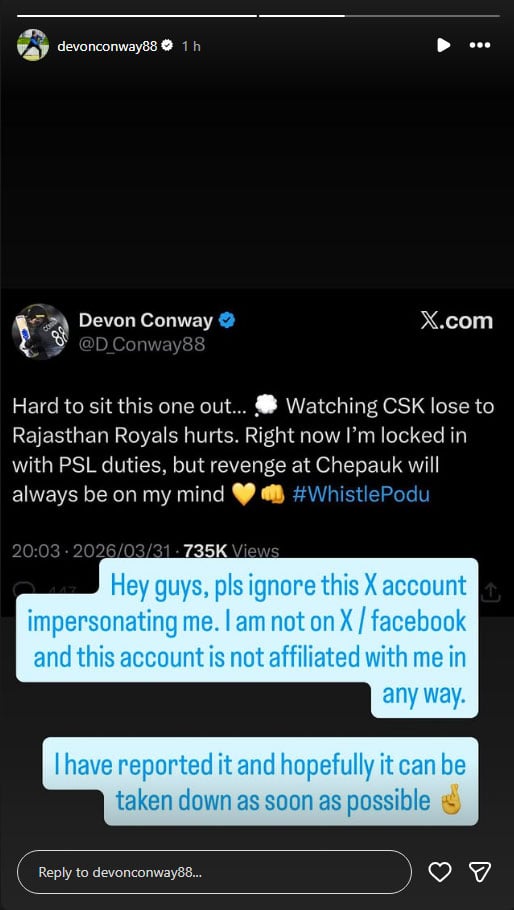 Screenshot of the viral fake tweet attributed to Devon Conway