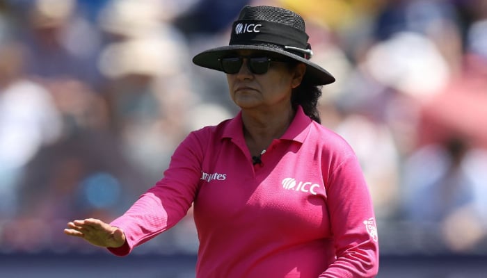 Saleema Imtiaz on-field officiating during an international match